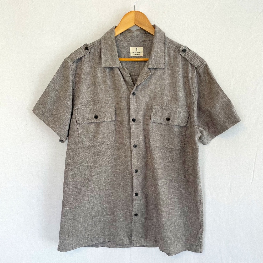 MUTUAL WEAVE Mens XLT Linen/Cotton Camp Shirt Heathered Brown with Pockets